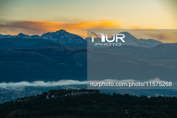 Snowy Monte Prena and Monte Camicia (Gran Sasso d’Italia and Monti della Laga National Park) are seen after a snowfall from Ocre (L’Aquila),...