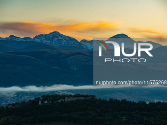 Snowy Monte Prena and Monte Camicia (Gran Sasso d’Italia and Monti della Laga National Park) are seen after a snowfall from Ocre (L’Aquila),...