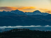 Snowy Monte Prena and Monte Camicia (Gran Sasso d’Italia and Monti della Laga National Park) are seen after a snowfall from Ocre (L’Aquila),...