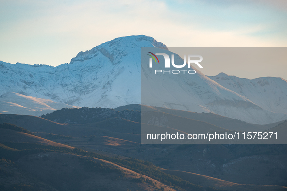 Monte Camicia peak (Gran Sasso d’Italia and Monti della Laga National Park) is seen after a snowfall from Ocre (L’Aquila), Italy, on Septemb...