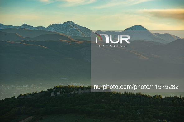 Snowy Monte Prena and Monte Camicia (Gran Sasso d’Italia and Monti della Laga National Park) are seen after a snowfall from Ocre (L’Aquila),...