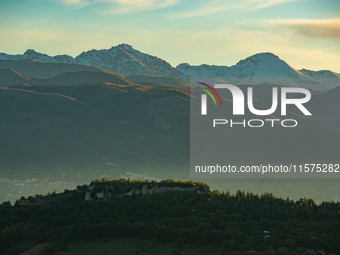 Snowy Monte Prena and Monte Camicia (Gran Sasso d’Italia and Monti della Laga National Park) are seen after a snowfall from Ocre (L’Aquila),...