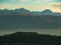 Snowy Monte Prena and Monte Camicia (Gran Sasso d’Italia and Monti della Laga National Park) are seen after a snowfall from Ocre (L’Aquila),...