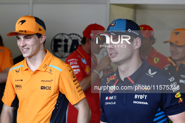 Lando Norris of McLaren and Max Verstappen of Red Bull Racing ahead of the Formula 1 Grand Prix of Azerbaijan at Baku City Circuit in Baku,...