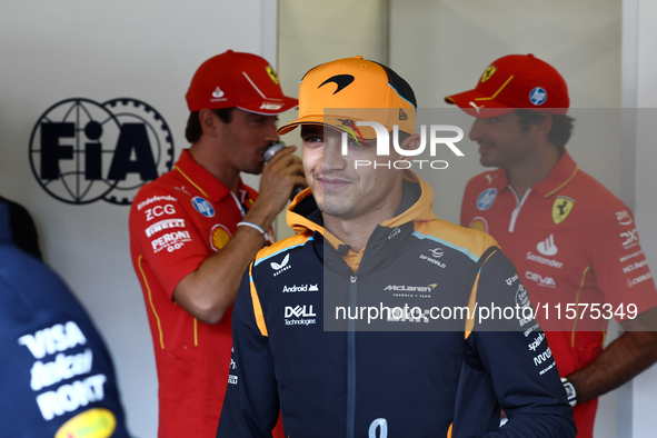 Charles Leclerc of Ferrari, Lando Norris of McLaren and Carlos Sainz of Ferrari ahead of the Formula 1 Grand Prix of Azerbaijan at Baku City...