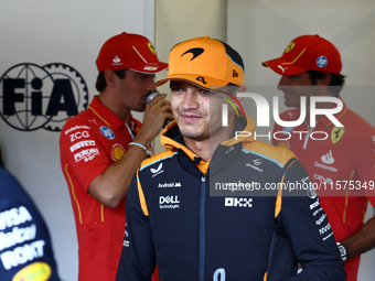 Charles Leclerc of Ferrari, Lando Norris of McLaren and Carlos Sainz of Ferrari ahead of the Formula 1 Grand Prix of Azerbaijan at Baku City...