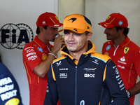 Charles Leclerc of Ferrari, Lando Norris of McLaren and Carlos Sainz of Ferrari ahead of the Formula 1 Grand Prix of Azerbaijan at Baku City...