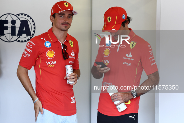 Charles Leclerc and Carlos Sainz of Ferrari ahead of the Formula 1 Grand Prix of Azerbaijan at Baku City Circuit in Baku, Azerbaijan on Sept...