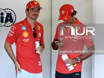 Charles Leclerc and Carlos Sainz of Ferrari ahead of the Formula 1 Grand Prix of Azerbaijan at Baku City Circuit in Baku, Azerbaijan on Sept...