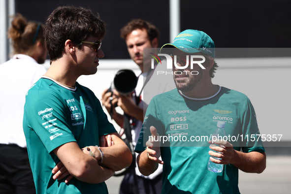 Lance Stroll and Fernando Alonso of Aston Martin Aramco ahead of the Formula 1 Grand Prix of Azerbaijan at Baku City Circuit in Baku, Azerba...