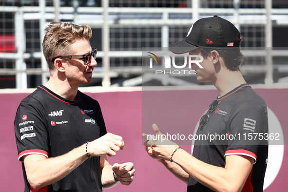 Nico Hulkenberg and Oliver Bearman of Haas ahead of the Formula 1 Grand Prix of Azerbaijan at Baku City Circuit in Baku, Azerbaijan on Septe...