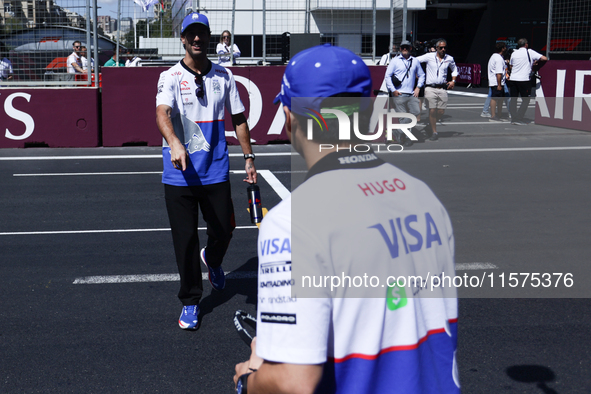 Daniel Ricciardo and Yuki Tsunoda of RB ahead of the Formula 1 Grand Prix of Azerbaijan at Baku City Circuit in Baku, Azerbaijan on Septembe...