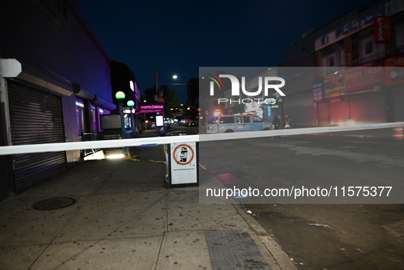 Police guard the crime scene. An unidentified man is fatally stabbed in Brooklyn, New York, United States, on September 15, 2024. On Sunday...