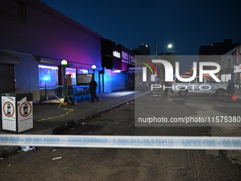 Police guard the scene. An unidentified man is fatally stabbed in Brooklyn, New York, United States, on September 15, 2024. On Sunday mornin...