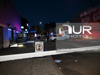 Police guard the scene. An unidentified man is fatally stabbed in Brooklyn, New York, United States, on September 15, 2024. On Sunday mornin...