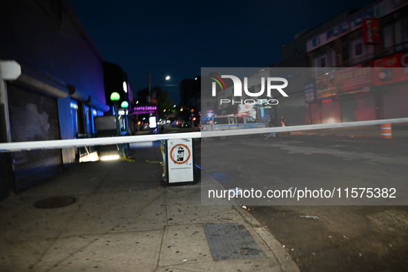 Police guard the scene. An unidentified man is fatally stabbed in Brooklyn, New York, United States, on September 15, 2024. On Sunday mornin...