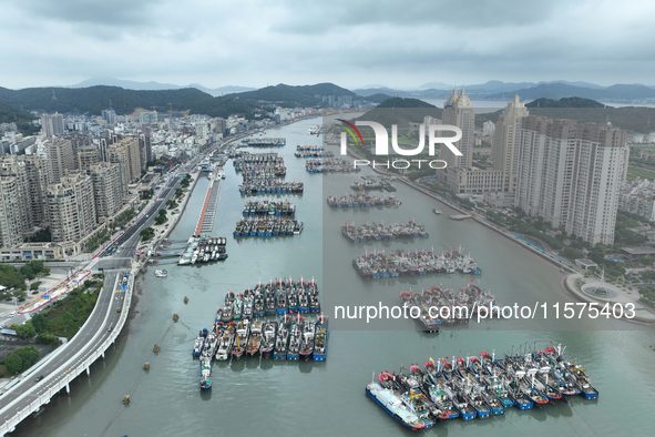 A large number of fishing boats moor at Shenjiamen Fishing Port to avoid Typhoon Bebinca in Zhoushan, China, on September 15, 2024. 