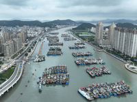 A large number of fishing boats moor at Shenjiamen Fishing Port to avoid Typhoon Bebinca in Zhoushan, China, on September 15, 2024. (