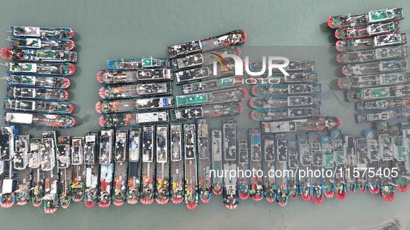 A large number of fishing boats moor at Shenjiamen Fishing Port to avoid Typhoon Bebinca in Zhoushan, China, on September 15, 2024. 