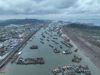 A large number of fishing boats moor at Shenjiamen Fishing Port to avoid Typhoon Bebinca in Zhoushan, China, on September 15, 2024. (