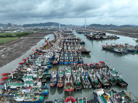 A large number of fishing boats moor at Shenjiamen Fishing Port to avoid Typhoon Bebinca in Zhoushan, China, on September 15, 2024. (