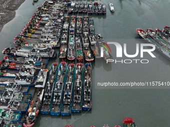 A large number of fishing boats moor at Shenjiamen Fishing Port to avoid Typhoon Bebinca in Zhoushan, China, on September 15, 2024. (