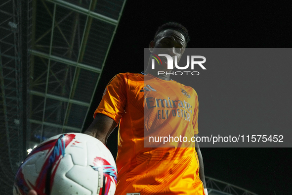 Vinicius Junior left winger of Real Madrid and Brazil during the La Liga match between Real Sociedad de Futbol and Real Madrid CF at Reale A...