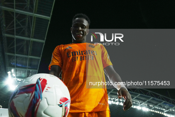 Vinicius Junior left winger of Real Madrid and Brazil during the La Liga match between Real Sociedad de Futbol and Real Madrid CF at Reale A...