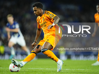 Rodrygo Goes right winger of Real Madrid and Brazil controls the ball during the La Liga match between Real Sociedad de Futbol and Real Madr...