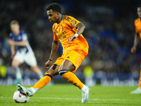 Rodrygo Goes right winger of Real Madrid and Brazil controls the ball during the La Liga match between Real Sociedad de Futbol and Real Madr...