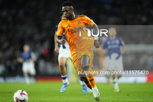 Vinicius Junior left winger of Real Madrid and Brazil in action during the La Liga match between Real Sociedad de Futbol and Real Madrid CF...