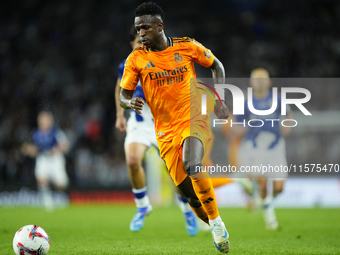 Vinicius Junior left winger of Real Madrid and Brazil in action during the La Liga match between Real Sociedad de Futbol and Real Madrid CF...