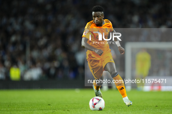 Vinicius Junior left winger of Real Madrid and Brazil in action during the La Liga match between Real Sociedad de Futbol and Real Madrid CF...