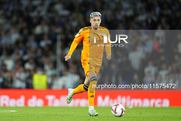 Federico Valverde central midfield of Real Madrid and Uruguay in action during the La Liga match between Real Sociedad de Futbol and Real Ma...