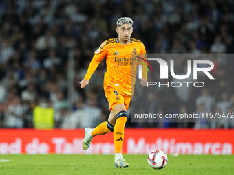 Federico Valverde central midfield of Real Madrid and Uruguay in action during the La Liga match between Real Sociedad de Futbol and Real Ma...