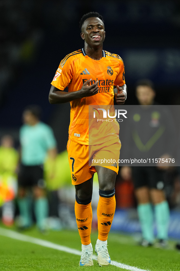 Vinicius Junior left winger of Real Madrid and Brazil during the La Liga match between Real Sociedad de Futbol and Real Madrid CF at Reale A...