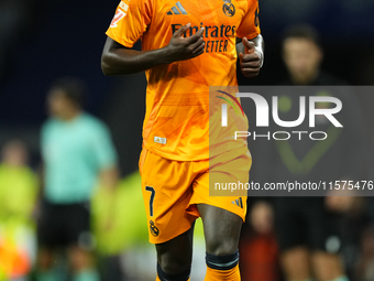 Vinicius Junior left winger of Real Madrid and Brazil during the La Liga match between Real Sociedad de Futbol and Real Madrid CF at Reale A...