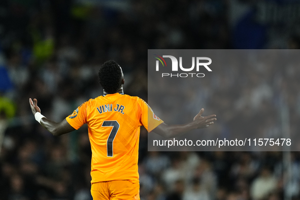 Vinicius Junior left winger of Real Madrid and Brazil celebrates after scoring his sides first goal during the La Liga match between Real So...