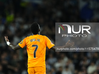 Vinicius Junior left winger of Real Madrid and Brazil celebrates after scoring his sides first goal during the La Liga match between Real So...