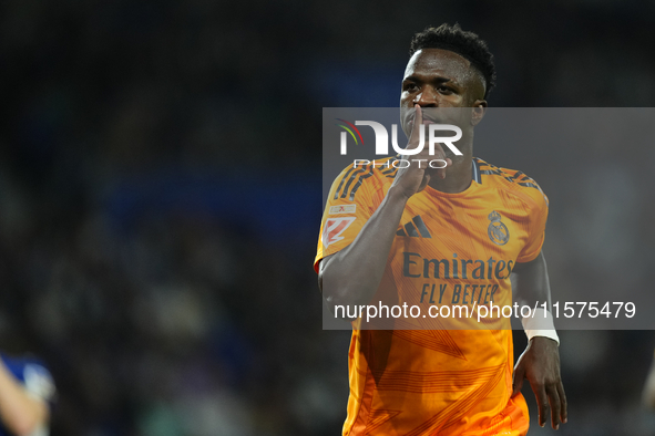 Vinicius Junior left winger of Real Madrid and Brazil celebrates after scoring his sides first goal during the La Liga match between Real So...