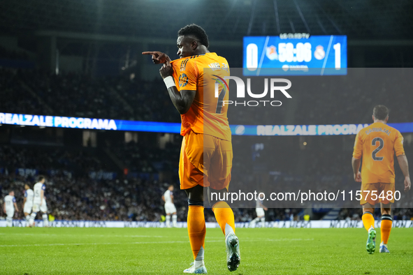 Vinicius Junior left winger of Real Madrid and Brazil celebrates after scoring his sides first goal during the La Liga match between Real So...