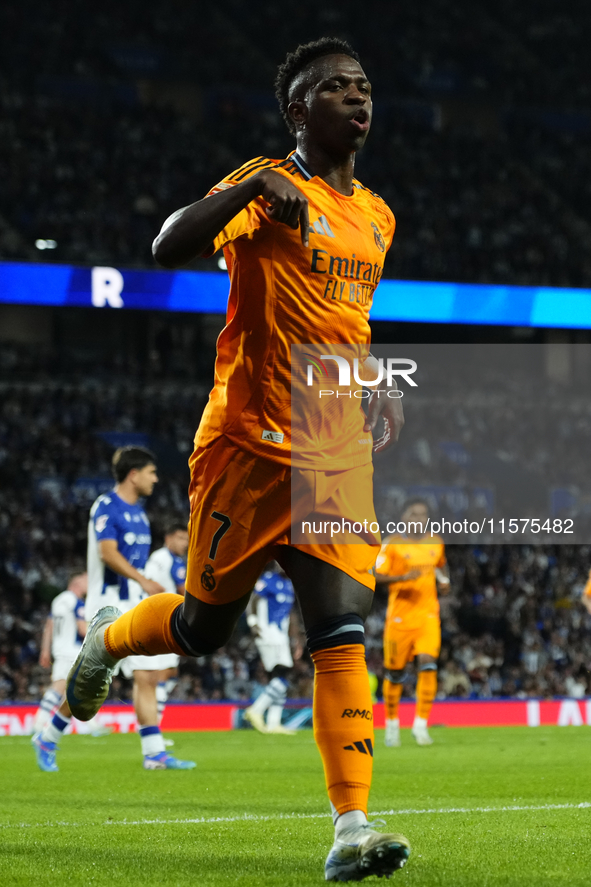 Vinicius Junior left winger of Real Madrid and Brazil celebrates after scoring his sides first goal during the La Liga match between Real So...