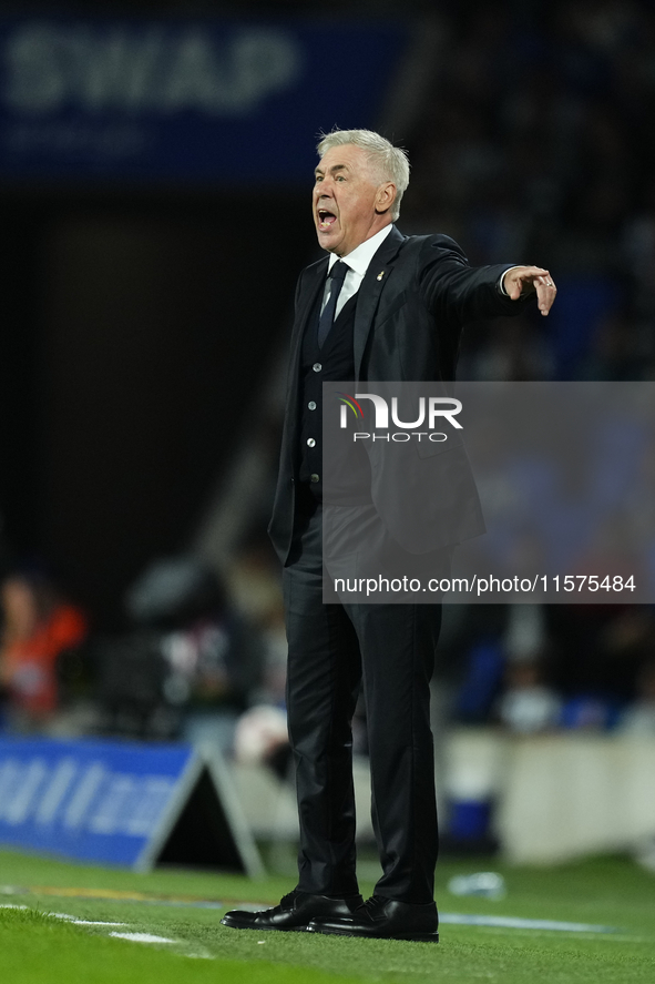 Carlo Ancelotti head coach of Real Madrid during the La Liga match between Real Sociedad de Futbol and Real Madrid CF at Reale Arena on Sept...