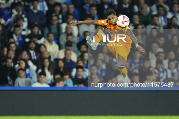 Rodrygo Goes right winger of Real Madrid and Brazil controls the ball during the La Liga match between Real Sociedad de Futbol and Real Madr...