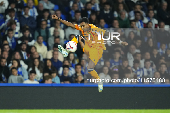 Rodrygo Goes right winger of Real Madrid and Brazil controls the ball during the La Liga match between Real Sociedad de Futbol and Real Madr...