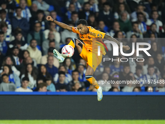 Rodrygo Goes right winger of Real Madrid and Brazil controls the ball during the La Liga match between Real Sociedad de Futbol and Real Madr...