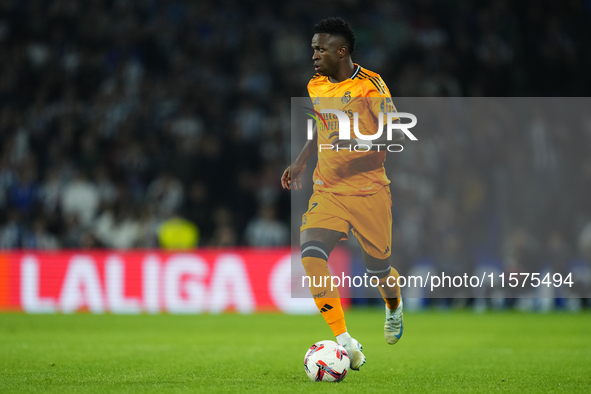 Vinicius Junior left winger of Real Madrid and Brazil controls the ball during the La Liga match between Real Sociedad de Futbol and Real Ma...