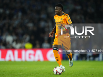 Vinicius Junior left winger of Real Madrid and Brazil controls the ball during the La Liga match between Real Sociedad de Futbol and Real Ma...