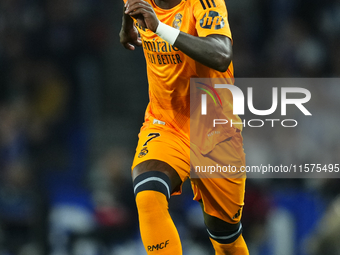 Vinicius Junior left winger of Real Madrid and Brazil controls the ball during the La Liga match between Real Sociedad de Futbol and Real Ma...