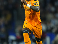 Vinicius Junior left winger of Real Madrid and Brazil controls the ball during the La Liga match between Real Sociedad de Futbol and Real Ma...